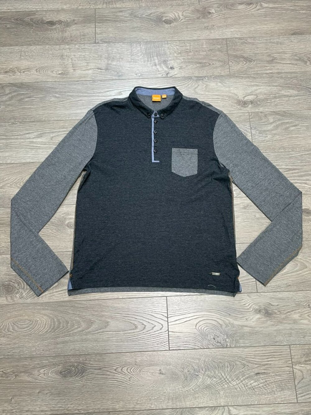 Hugo Boss Orange Gray Colorblock Long Sleeve Polo Shirt Henley Pocket Size L Men